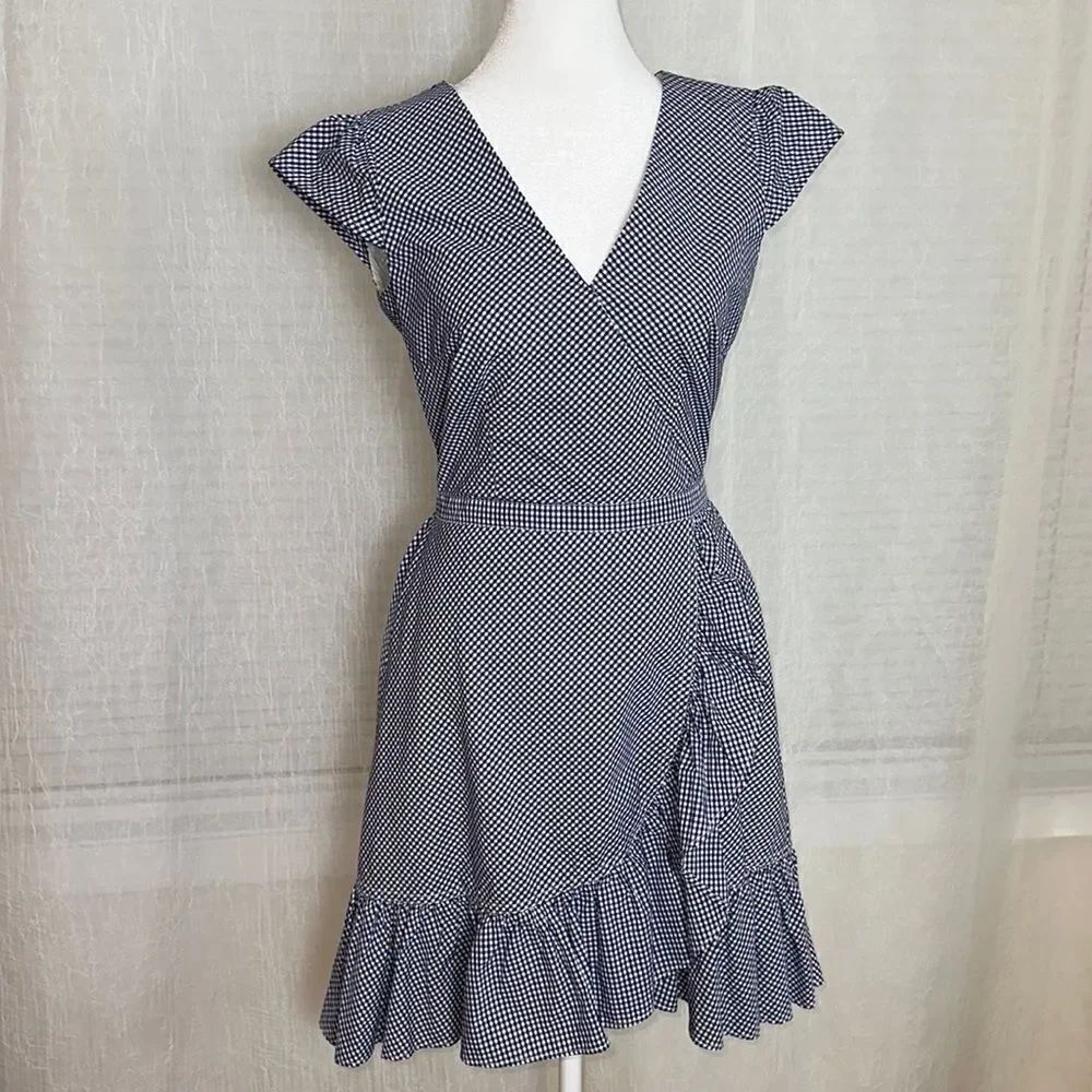 J. Crew 00 White Blue Gingham Short Sleeve Faux Wrap Ruffle A-a-line Dress
